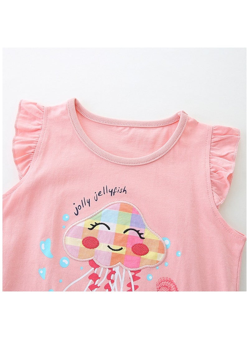 Jellyfish embroidered T-shirt 2-piece set,Girl's short sleeve suit,Pink