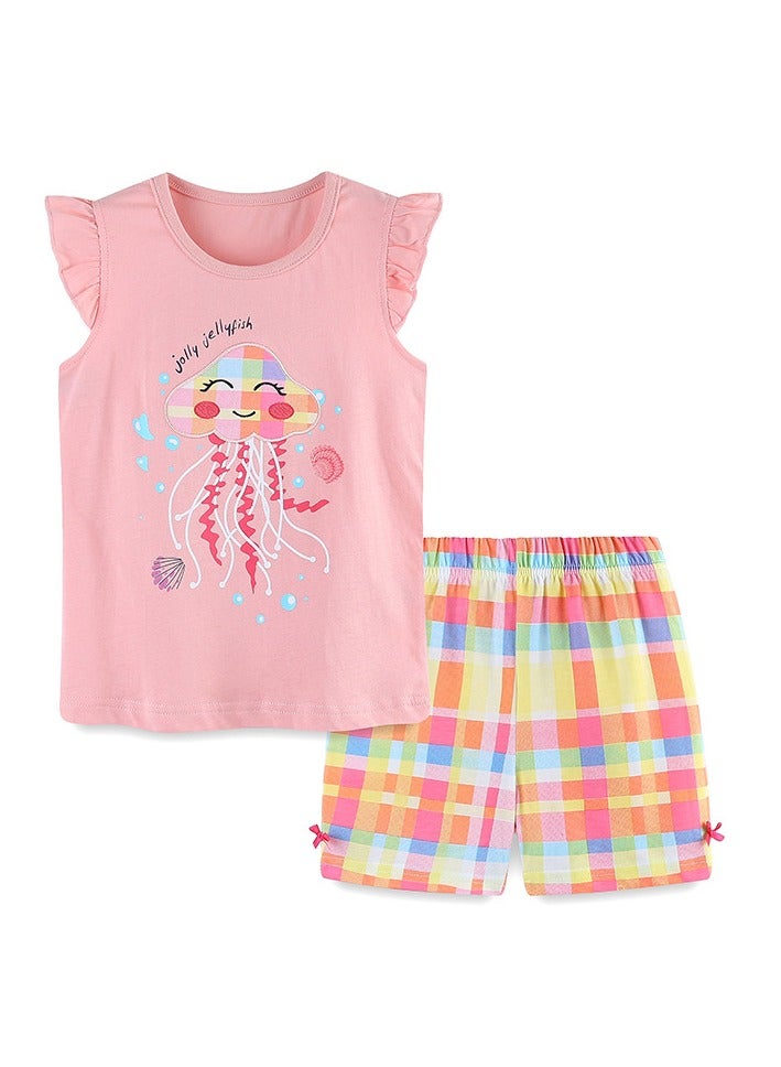 Jellyfish embroidered T-shirt 2-piece set,Girl's short sleeve suit,Pink