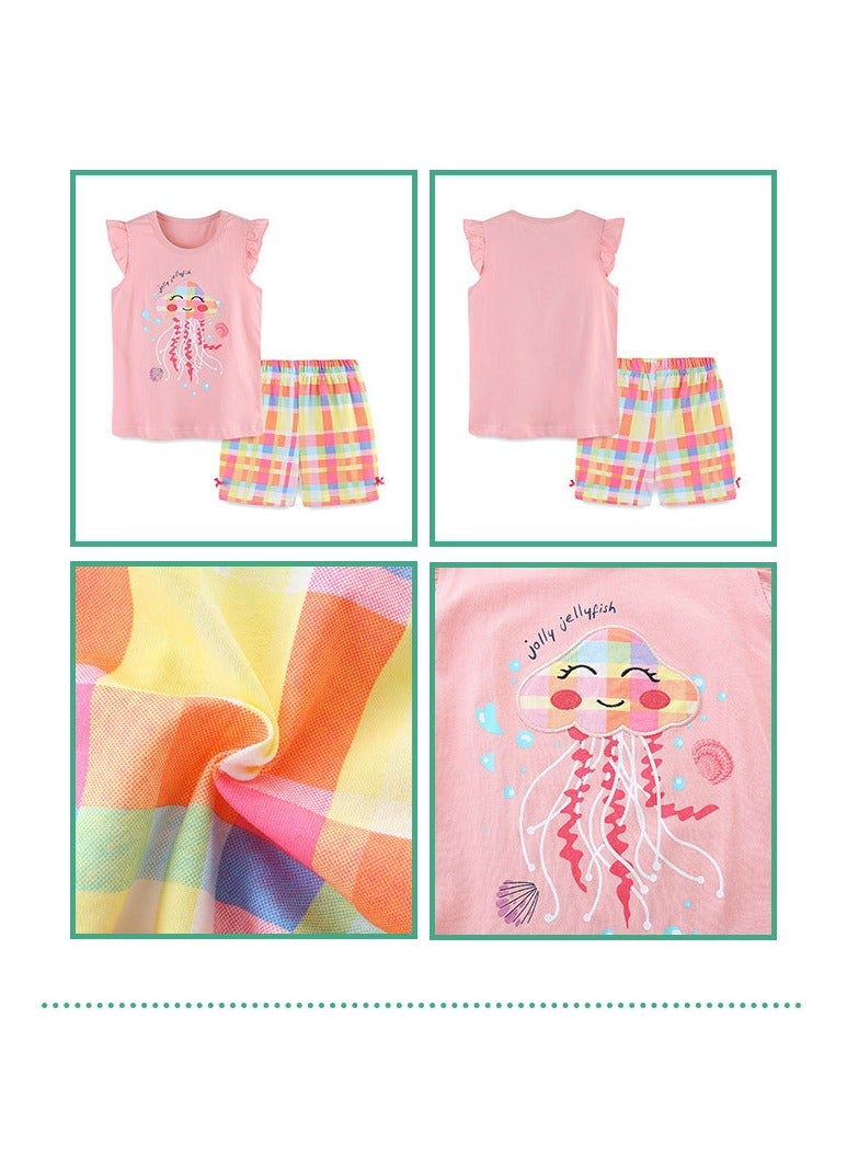 Jellyfish embroidered T-shirt 2-piece set,Girl's short sleeve suit,Pink