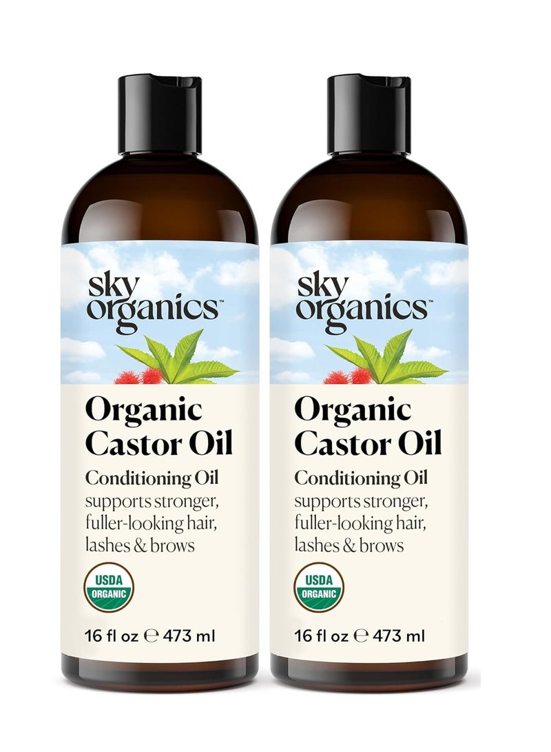 Sky Organics Castor Oil (2x16oz) USDA Organic Cold-Pressed Unrefined100% Pure Hexane-Free Castor Oil Conditioning & Healing For Dry Skin, Hair Growth for Eyelashes & Eyebrows with Exclusive Ebook