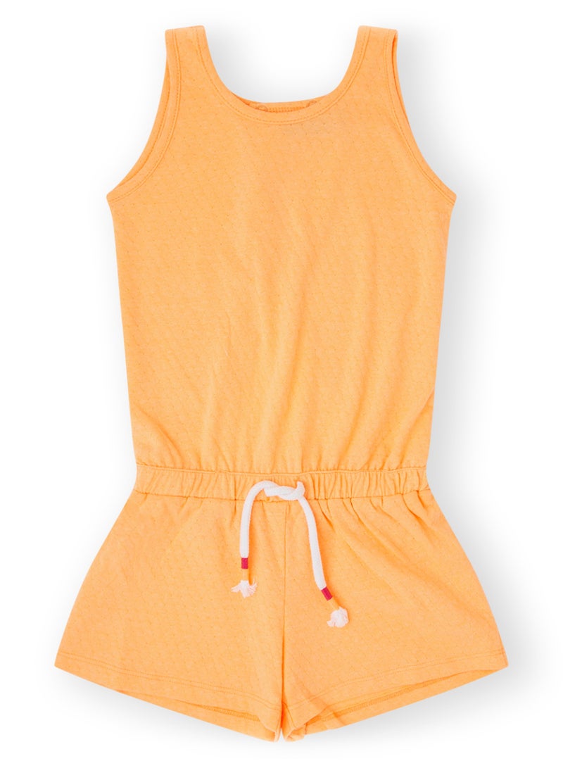 Soft and Comfortable Orange Cotton Jumpsuit with Short Sleeves and Round Neckline for Girls