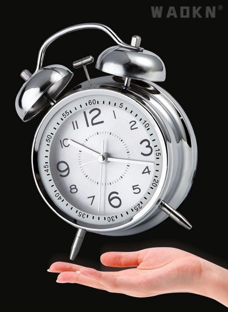 Loud Alarm Clock for Heavy Sleepers Adults,Retro 4 Inch Silent Non-Ticking Quartz with Backlight,Twin Bell Analog Kids Alarm Clocks for Bedrooms Bedsidet,Loud Alarm Clock for Heavy Sleepers (silver)