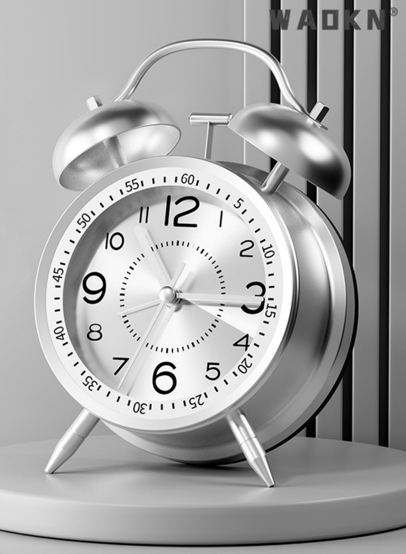 Loud Alarm Clock for Heavy Sleepers Adults,Retro 4 Inch Silent Non-Ticking Quartz with Backlight,Twin Bell Analog Kids Alarm Clocks for Bedrooms Bedsidet,Loud Alarm Clock for Heavy Sleepers (silver)