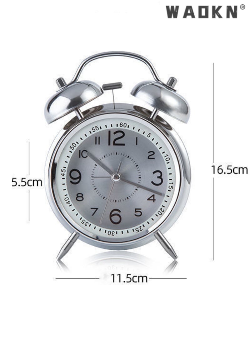 Loud Alarm Clock for Heavy Sleepers Adults,Retro 4 Inch Silent Non-Ticking Quartz with Backlight,Twin Bell Analog Kids Alarm Clocks for Bedrooms Bedsidet,Loud Alarm Clock for Heavy Sleepers (silver)