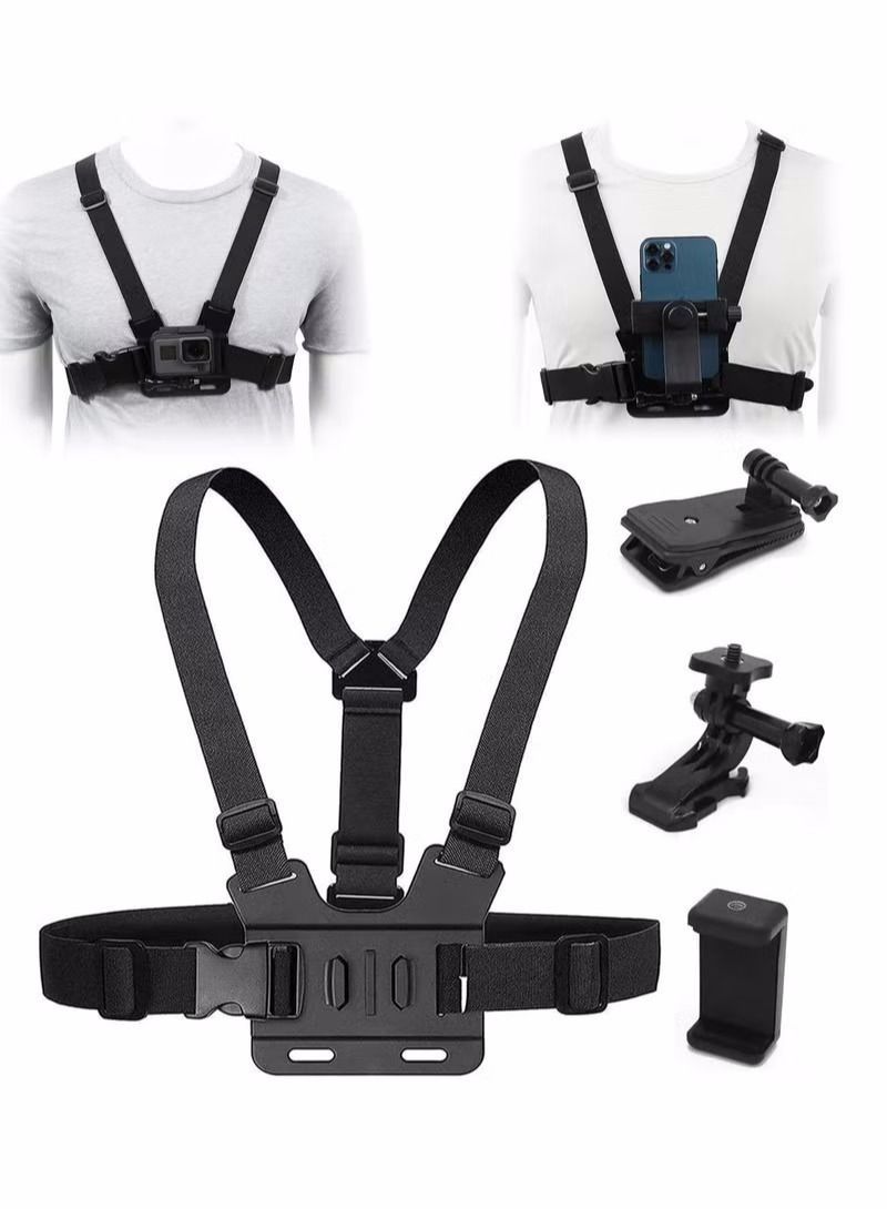 Camera Chest Mount Strap Harness Fit for AKASO DJI Osmo Adjustable Cell Phone with Sports Installation Bracket kit Mobile Backpack Clip Holder