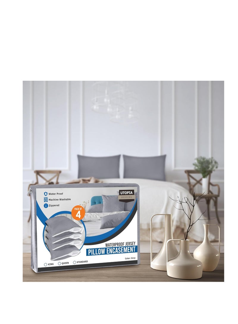 Utopia Bedding Waterproof Pillow Protector Zippered (4 Pack) Standard Grey– Bed Bug Proof Pillow Encasement 20 x 26 Inches
