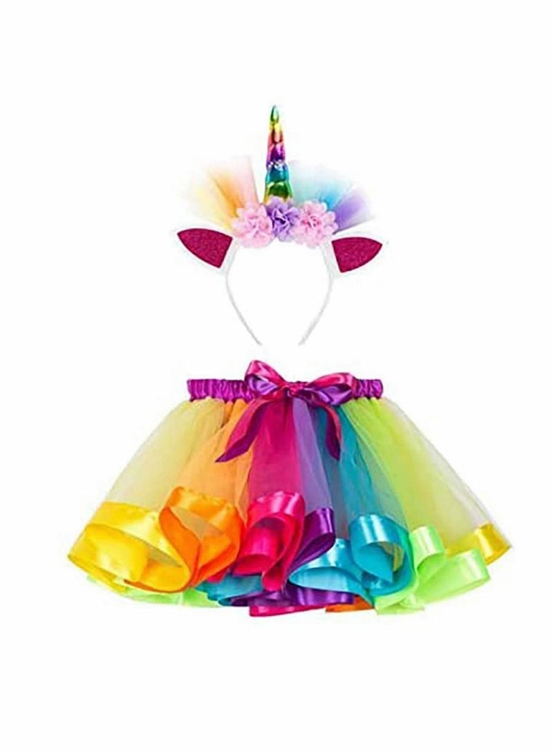 Baby Girls Rainbow Mini Tutu Skirt Party Costume Dress for Girls, Skirt and Hair Bow set, Pink and Multicolor, Layered Ballet Feature Tulle Polyester Dress