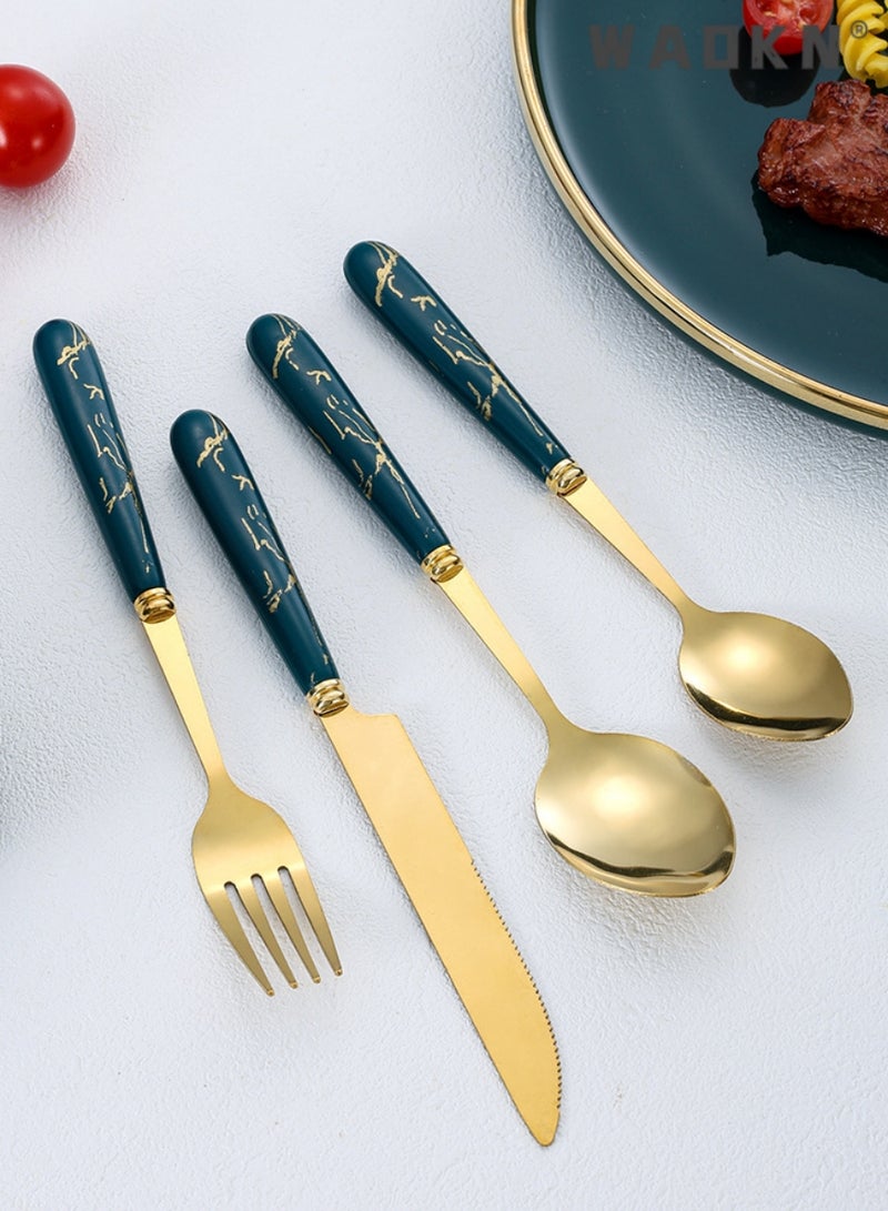24 Pieces Stainless Steel Flatware Set with Stand, Cutlery Set Mirror Polished, Service for 6, Include Knife/Fork/Spoon/Teaspoon,Dishwasher Safe Knife Fork Spoon Tableware set Green