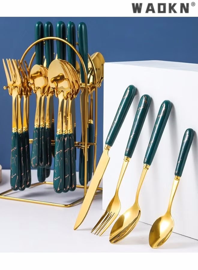 24 Pieces Stainless Steel Flatware Set with Stand, Cutlery Set Mirror Polished, Service for 6, Include Knife/Fork/Spoon/Teaspoon,Dishwasher Safe Knife Fork Spoon Tableware set Green