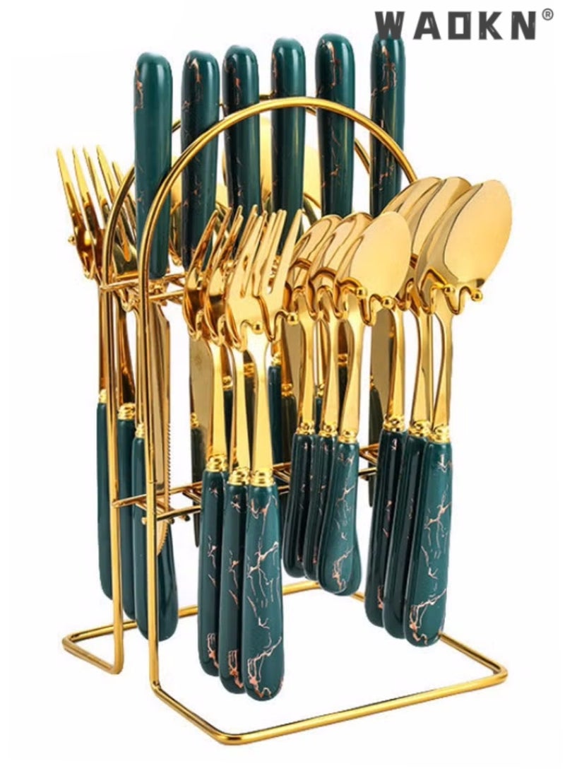24 Pieces Stainless Steel Flatware Set with Stand, Cutlery Set Mirror Polished, Service for 6, Include Knife/Fork/Spoon/Teaspoon,Dishwasher Safe Knife Fork Spoon Tableware set Green