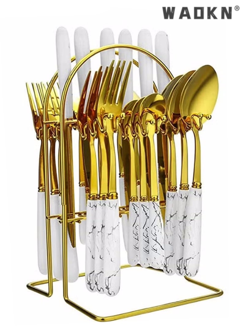 24 Pieces Stainless Steel Flatware Set with Stand, Cutlery Set Mirror Polished, Service for 6, Include Knife/Fork/Spoon/Teaspoon,Dishwasher Safe Knife Fork Spoon Tableware set White