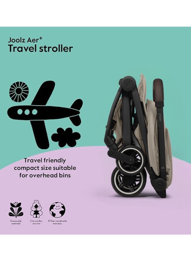 AER+ Lightweight Compact Travel Stroller – One-Hand Quick Fold, XXL Sun Hood, Adjustable Recline, Ultra Durable, Comfortable & Travel-Friendly – Supports Up to 50 lbs – Sandy Taupe