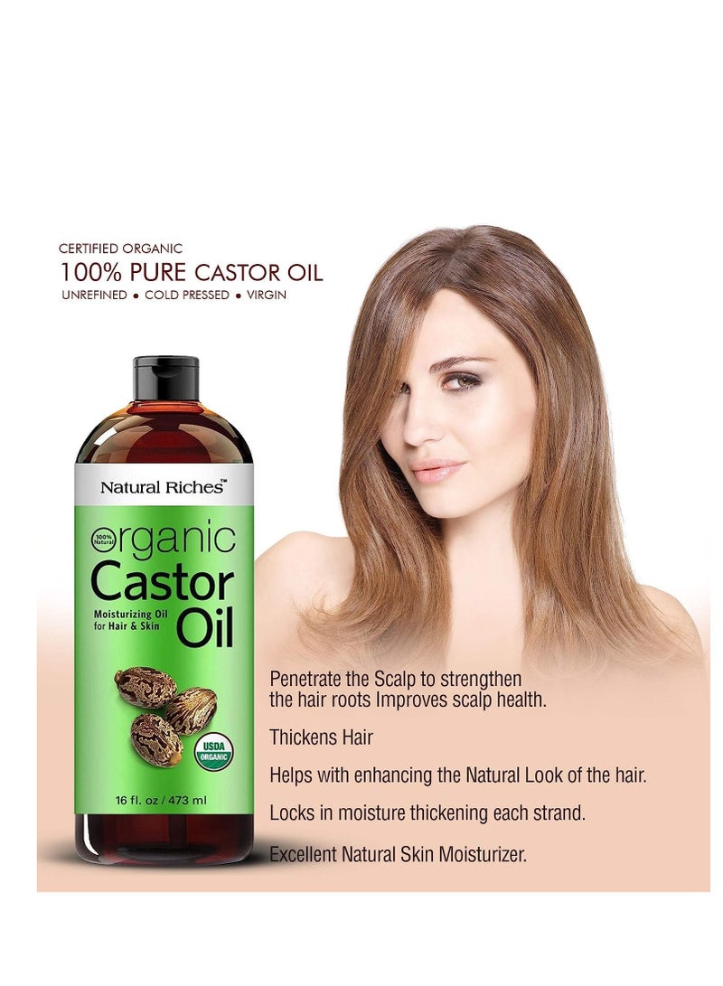 Natural Riches Organic Castor Oil Cold pressed USDA certified for Dry Skin Hair Loss Dandruff Thicker Hair - Moisturizes Skin Helps Hair growth Thicker Eyelashes Eyebrows Hexane free16 fl. oz.