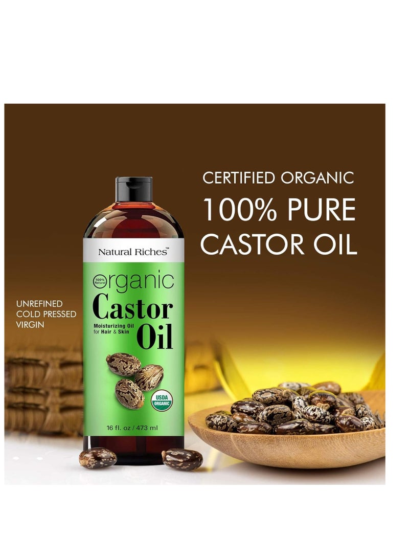 Natural Riches Organic Castor Oil Cold pressed USDA certified for Dry Skin Hair Loss Dandruff Thicker Hair - Moisturizes Skin Helps Hair growth Thicker Eyelashes Eyebrows Hexane free16 fl. oz.