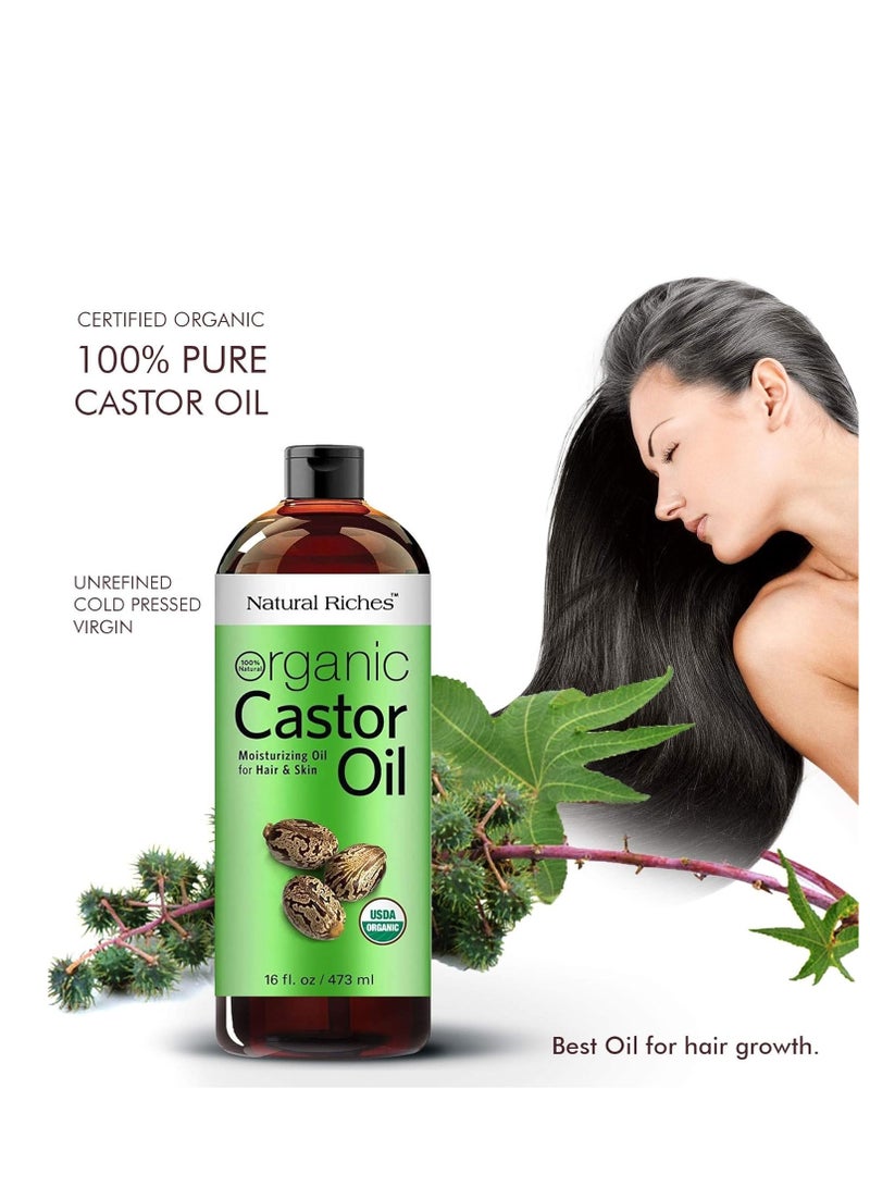 Natural Riches Organic Castor Oil Cold pressed USDA certified for Dry Skin Hair Loss Dandruff Thicker Hair - Moisturizes Skin Helps Hair growth Thicker Eyelashes Eyebrows Hexane free16 fl. oz.