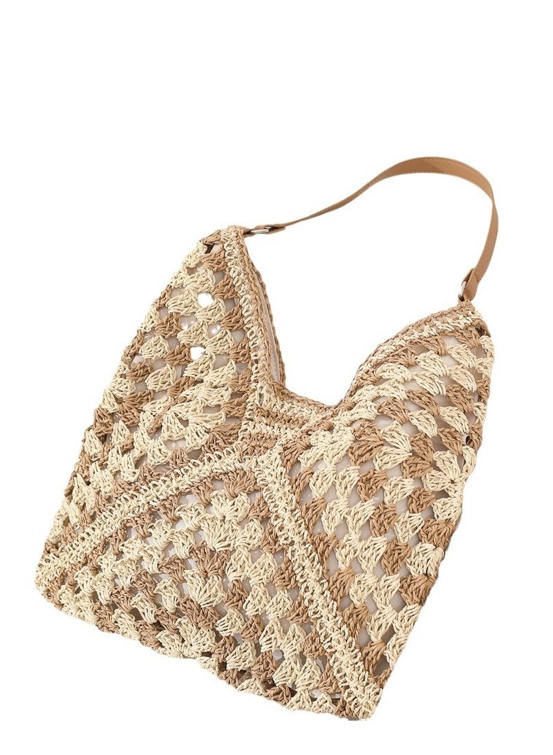 New Fashion Paper Rope Hollow Flower Triangle Contrast Knitted Bag