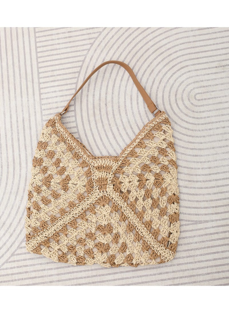 New Fashion Paper Rope Hollow Flower Triangle Contrast Knitted Bag