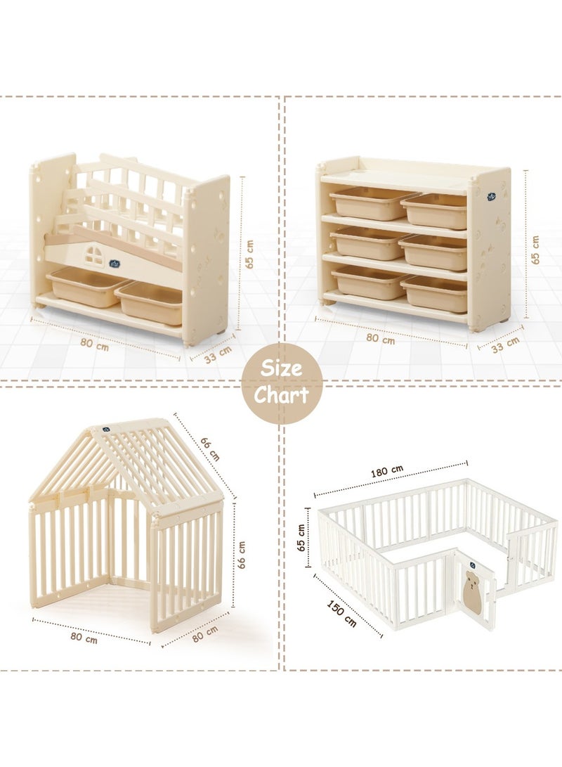 Portable Playpen With Bookshelf, Toy Storage And Play House - White