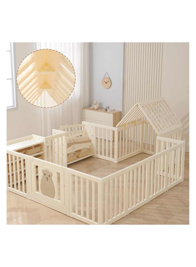 Portable Playpen With Bookshelf, Toy Storage And Play House - White