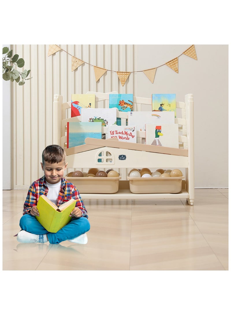 Portable Playpen With Bookshelf, Toy Storage And Play House - White