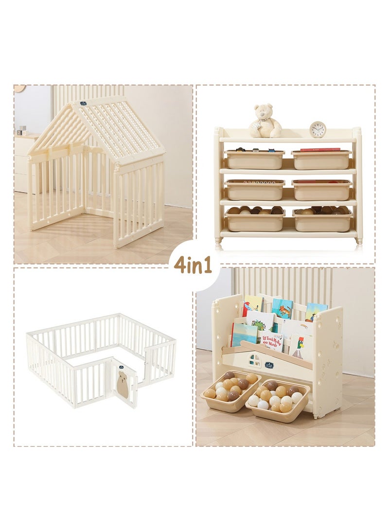 Portable Playpen With Bookshelf, Toy Storage And Play House - White