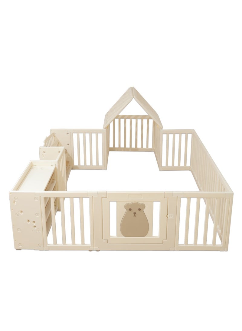 Portable Playpen With Bookshelf, Toy Storage And Play House - White