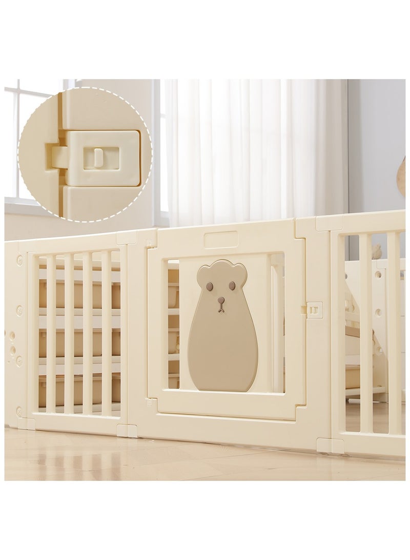 Portable Playpen With Bookshelf, Toy Storage And Play House - White