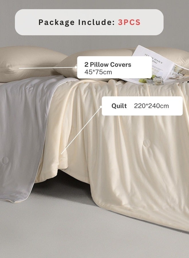 Icy Silky Summer Cool Quilt Set of 3 Pieces, Beige with Grey.