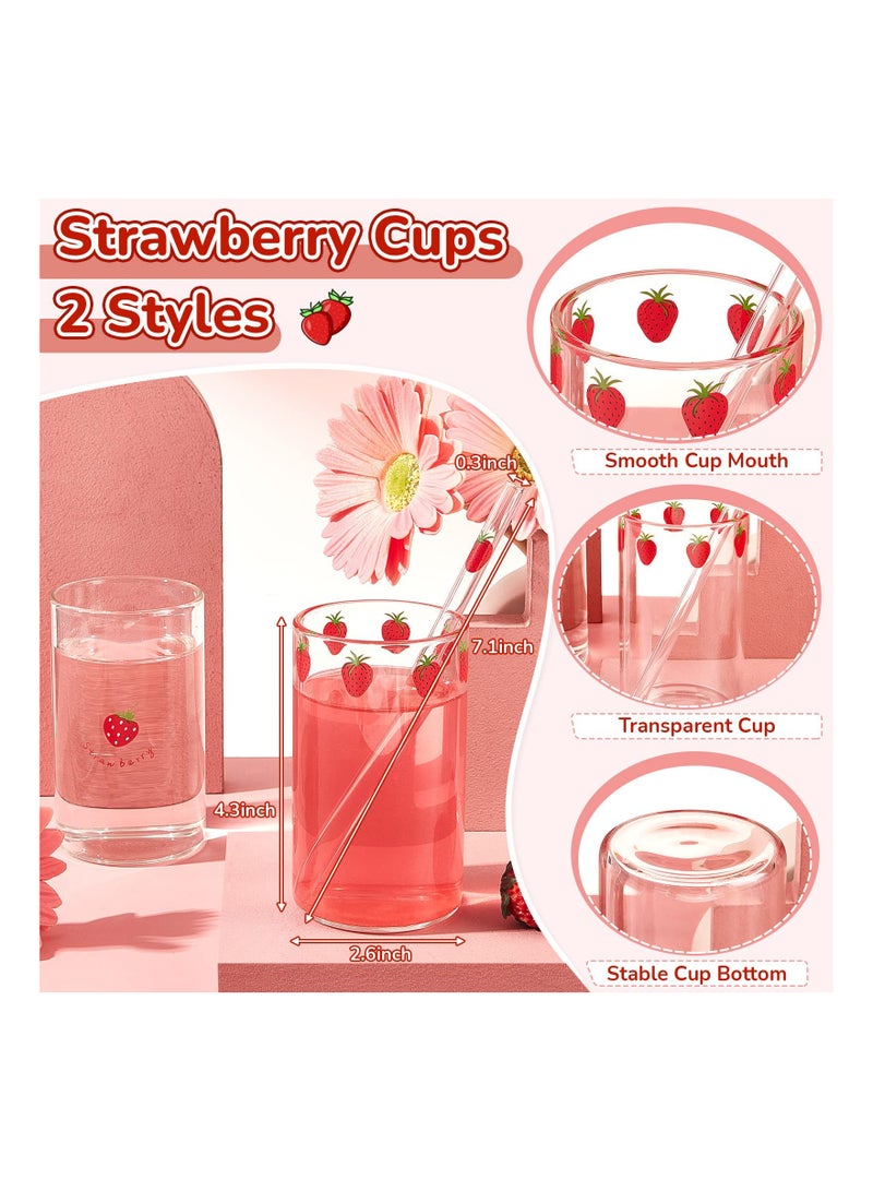 2 Sets Of Strawberry Cup Glasses With Straw Lovely Glass Roller Juice Water Milk Coffee Cup