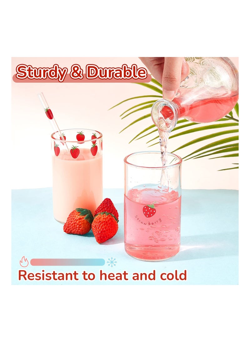 2 Sets Of Strawberry Cup Glasses With Straw Lovely Glass Roller Juice Water Milk Coffee Cup