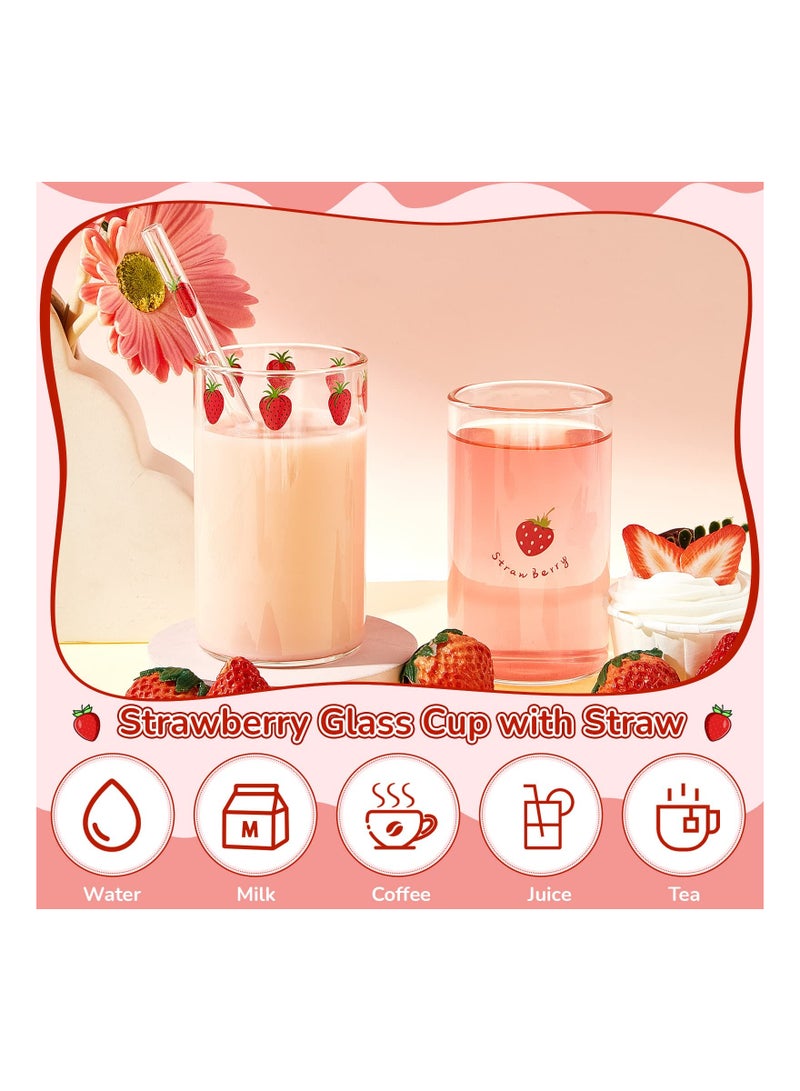 2 Sets Of Strawberry Cup Glasses With Straw Lovely Glass Roller Juice Water Milk Coffee Cup