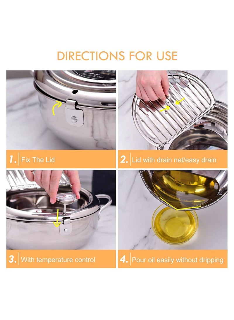 Deep Fryer Pot 304 Stainless Steel with Temperature Control and Lid Japanese Style Tempura Fryer Pan Uncoated Fryer Diameter 9.4