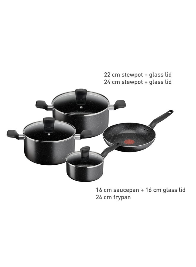 7 Pieces Set Tefal Dark Stone Non-Stick Stewpots 22/24 Cm+Lids Saucepan 16 Cm Frypan 24 Cm Aluminium Black