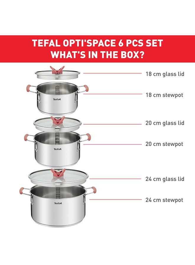 6-Pieces Tefal Opti'Space Cookware Set Stewpots With Lids Space Saving Neat Storage Premium-Quality Stainless Steel Silver