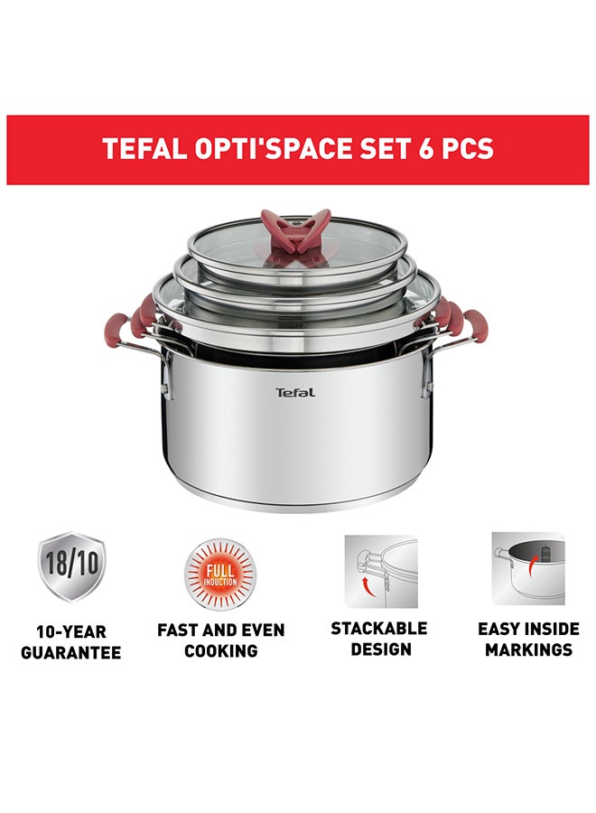 6-Pieces Tefal Opti'Space Cookware Set Stewpots With Lids Space Saving Neat Storage Premium-Quality Stainless Steel Silver