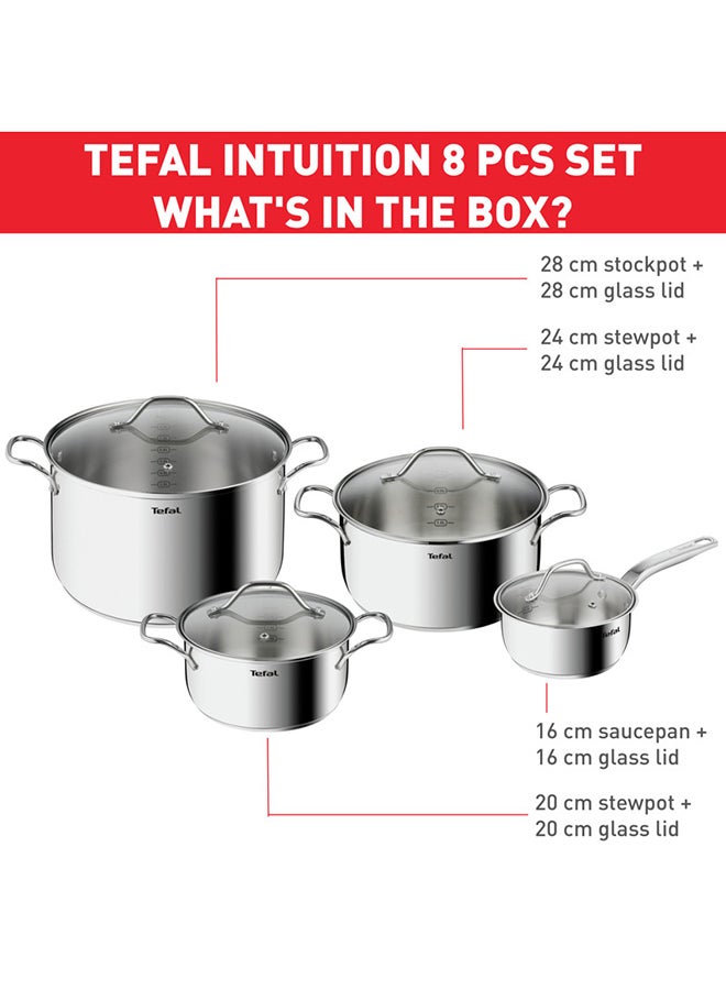 Intuition Cooking Set  8 Pcs (Saucepan 16+Lid, Stewpot 20/24/28+Lid), Premium Stainless Steel 18/10, Induction, B864S874 Stainless Steel 20,24,28cm