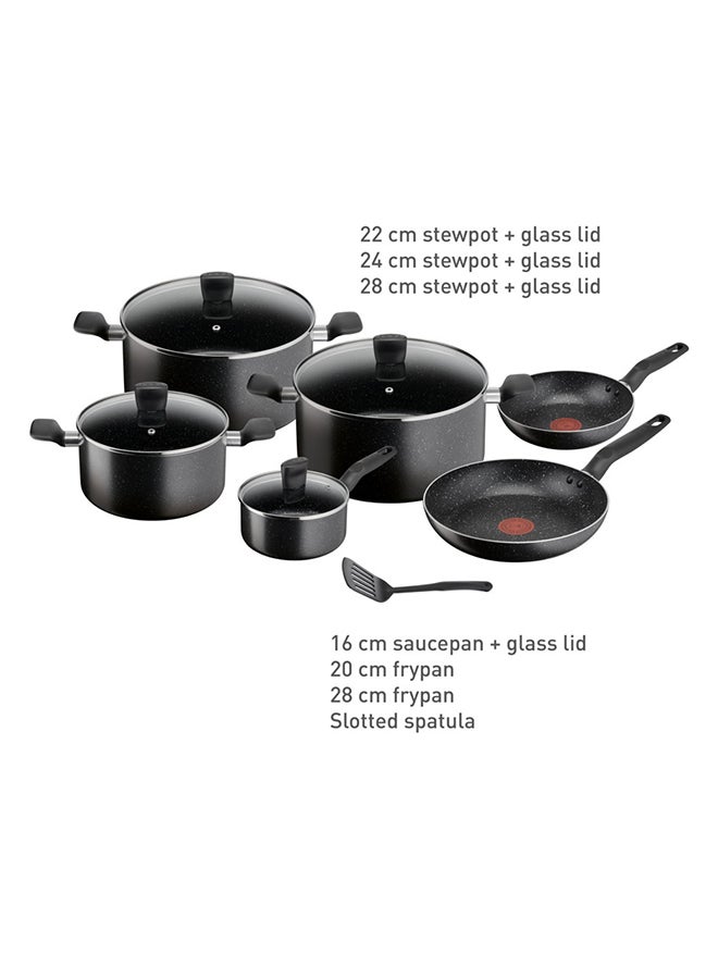 TEFAL Dark Stone 11 Pc Set, Non-Stick, Stewpots 22/24/28 cm, Saucepan 16 cm, Frypans 20/28 cm, Slotted Spatula, Aluminium, B491BS85 Black
