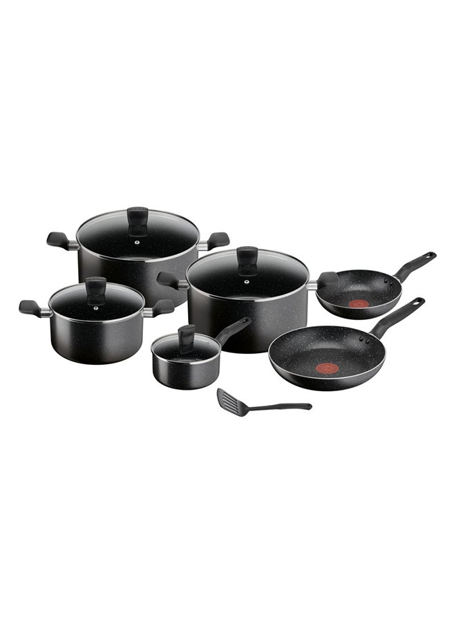 TEFAL Dark Stone 11 Pc Set, Non-Stick, Stewpots 22/24/28 cm, Saucepan 16 cm, Frypans 20/28 cm, Slotted Spatula, Aluminium, B491BS85 Black