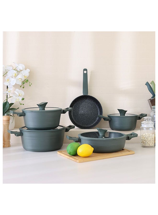 Essence 9 Piece Midnight Cross Cookware Set Forged Aluminum Material Cook Ware Set For Home Kitchen 3.2/3.7Mm 60X37X18 Cm Green