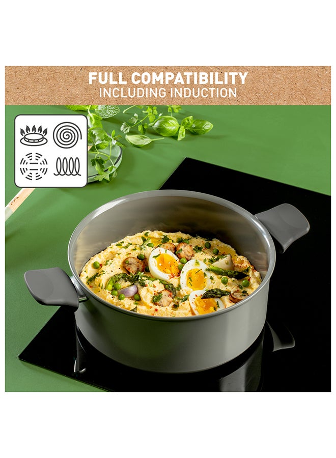 Tefal Renewal Cooking Pot 24 Cm Non-Stick Ceramic Coating Eco-Designed Recycled Healthy Cooking Stewpot Thermo-Signal™ Safe Cookware Made In France All Stovetops Including Induction Grey