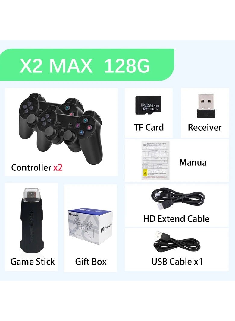 X2 MAX Video Game Console 4K HD 128G Built-in 30000 Games Wireless Controller TV Game Stick Retro Handheld Game Player for GBA