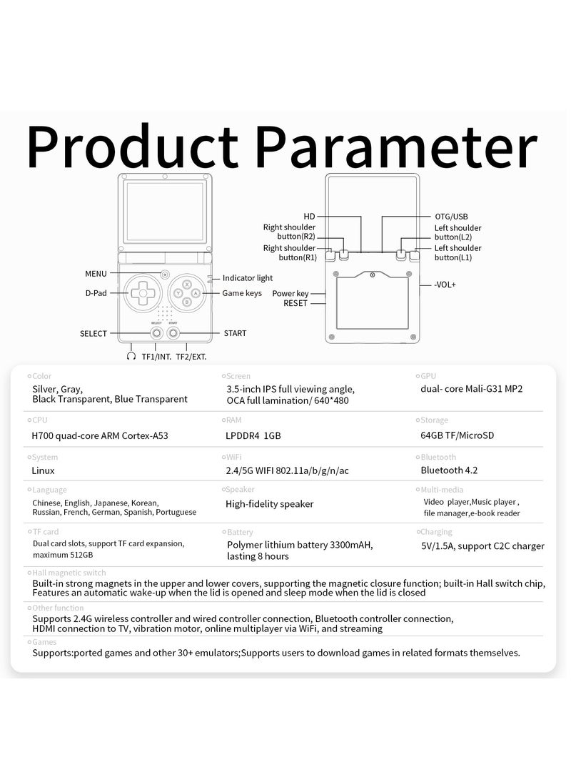 Flip Handheld Game Console, 3.5-inch IPS Screen, Linux H700 Video Game Player, Support Streaming WIFI Bluetooth (Transparent Blue, 64G)