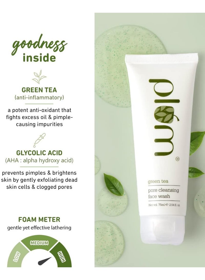 Green Tea Pore Cleansing Face Wash Fights Pimples Removes Excess Oil Unclogs Pores Best Suites Oily Acne-Prone combination Skin Enriched with Green Tea and Glycolic Acid 100% Vegan 75ml