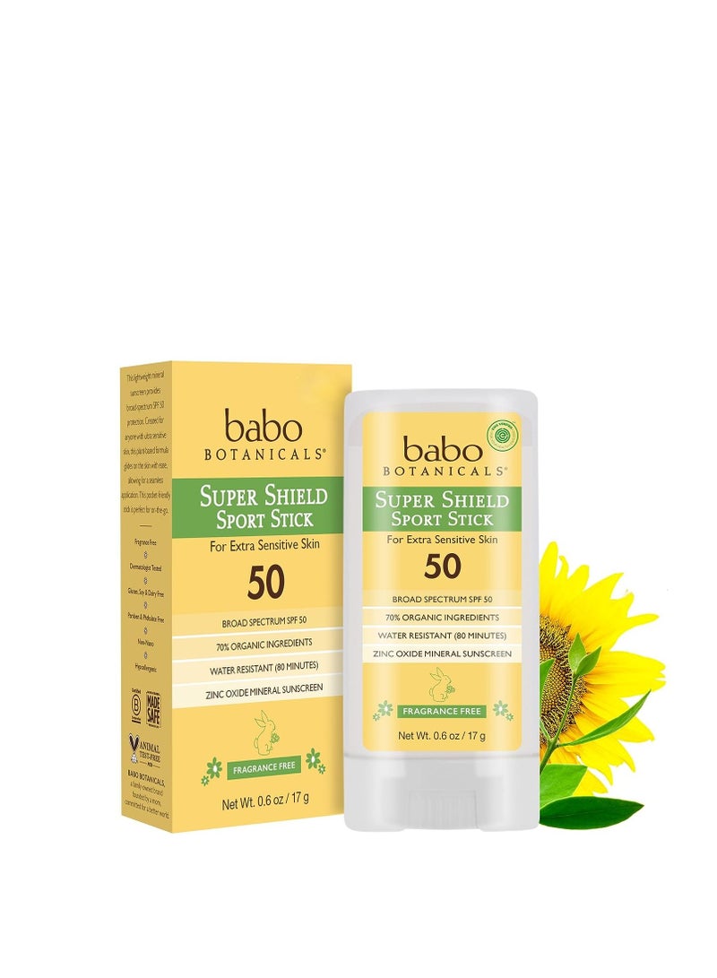 Babo Botanicals Super Shield SPF 50 Stick Sunscreen - 70% Organic Ingredients - Natural Zinc Oxide - for All Ages - NSF & Made Safe Certified - EWG Verified - Water Resistant - Fragrance-Free