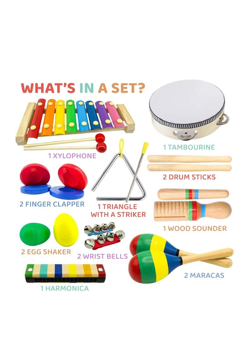 STOIE'S 19 pcs Kids Musical Instruments Set Toddler Musical Instruments for Kids Music Toys Wooden Baby Instruments for Kids Ages 3-5 Montessori Toys