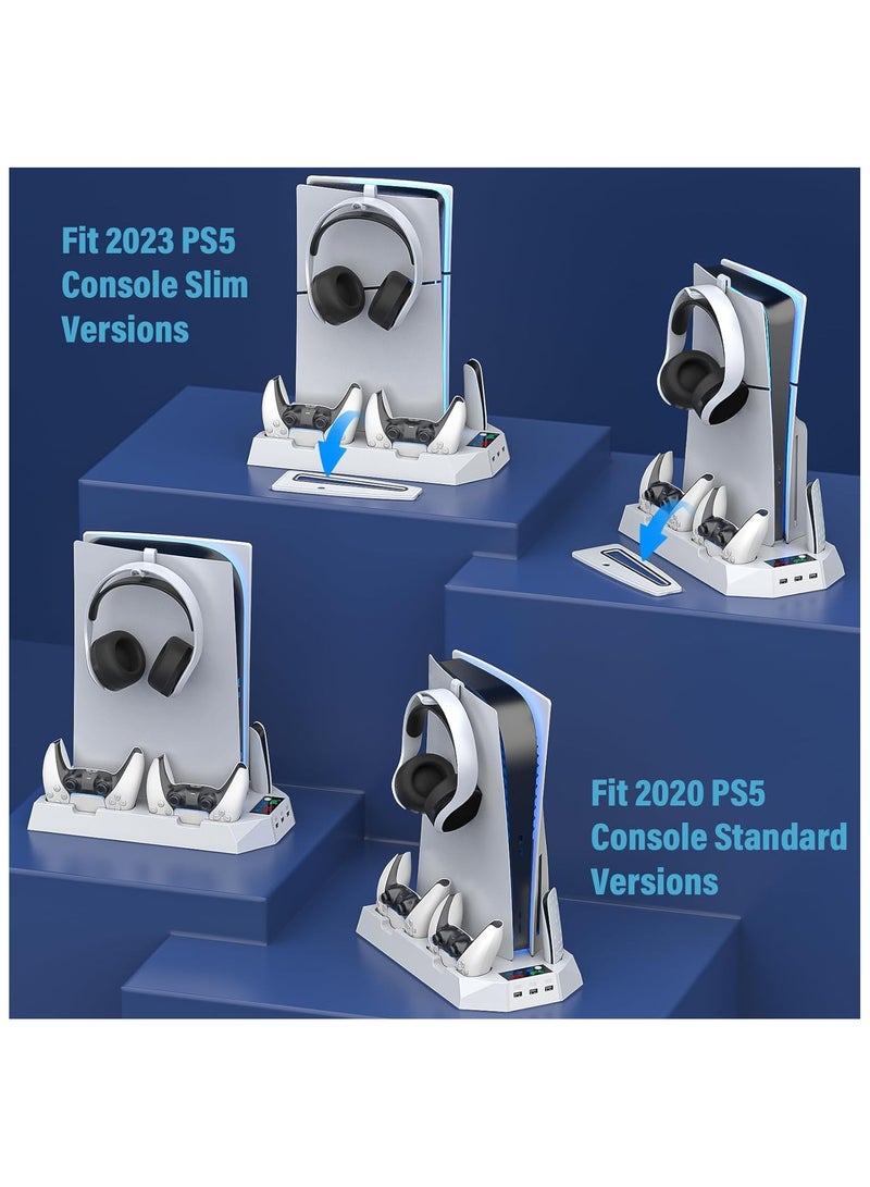 PS5 Slim Stand and Cooling Station with Controller Charging Station for Playsation 5 Slim&Standard Disc/Digital Console, PS5 Accessories Incl. Controller Charger/Turbo Fan/3 USB Hub/Headset holder