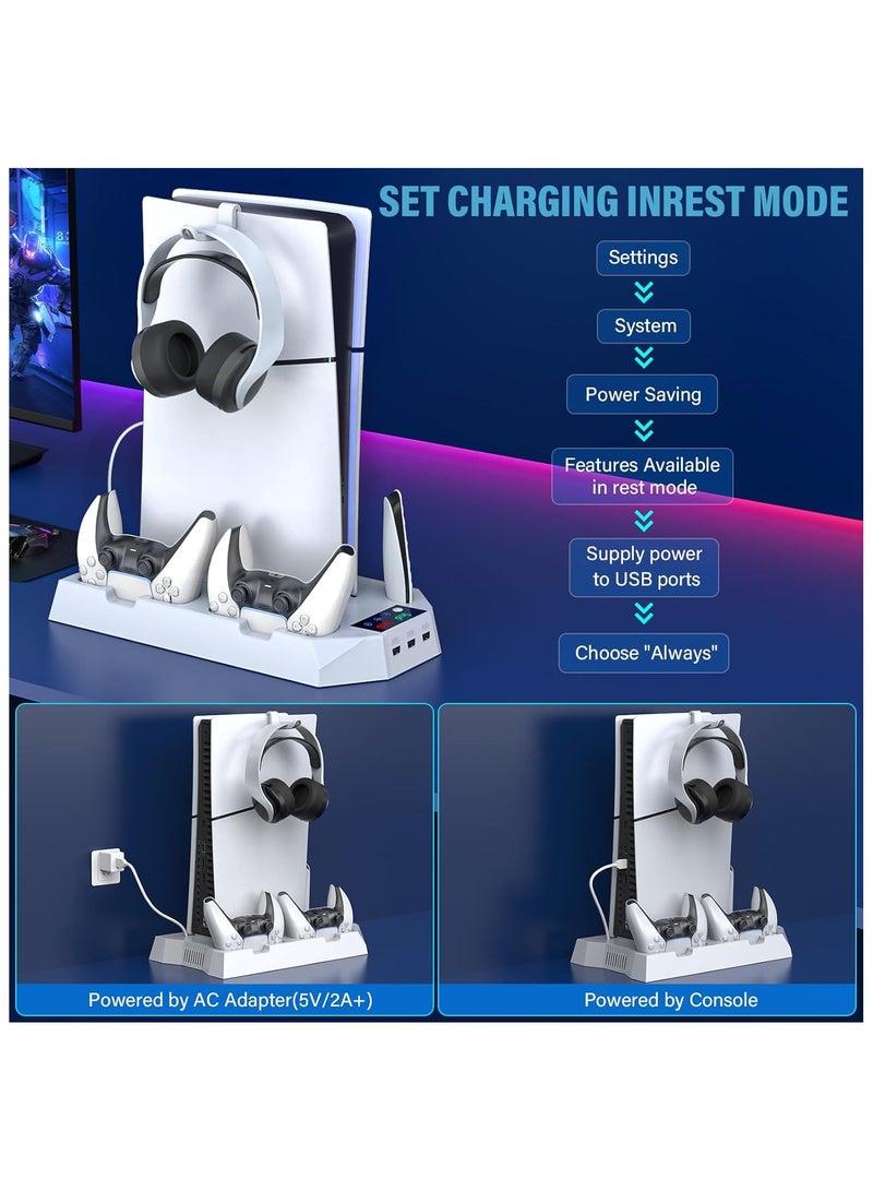 PS5 Slim Stand and Cooling Station with Controller Charging Station for Playsation 5 Slim&Standard Disc/Digital Console, PS5 Accessories Incl. Controller Charger/Turbo Fan/3 USB Hub/Headset holder