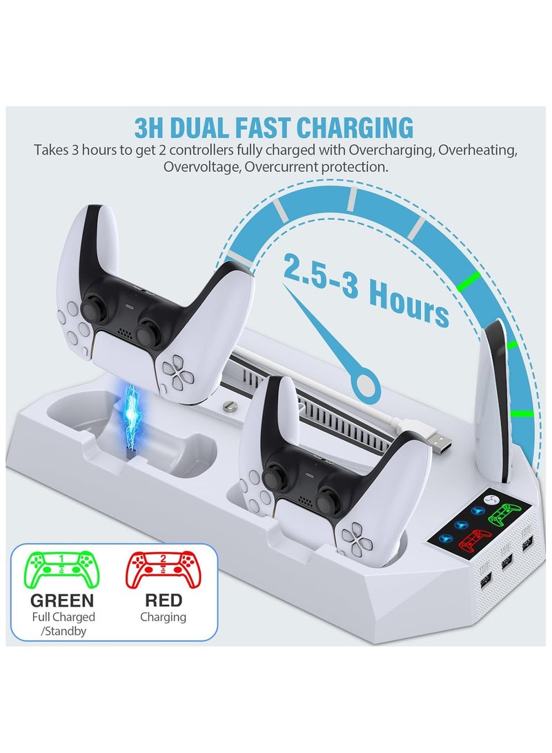 PS5 Slim Stand and Cooling Station with Controller Charging Station for Playsation 5 Slim&Standard Disc/Digital Console, PS5 Accessories Incl. Controller Charger/Turbo Fan/3 USB Hub/Headset holder