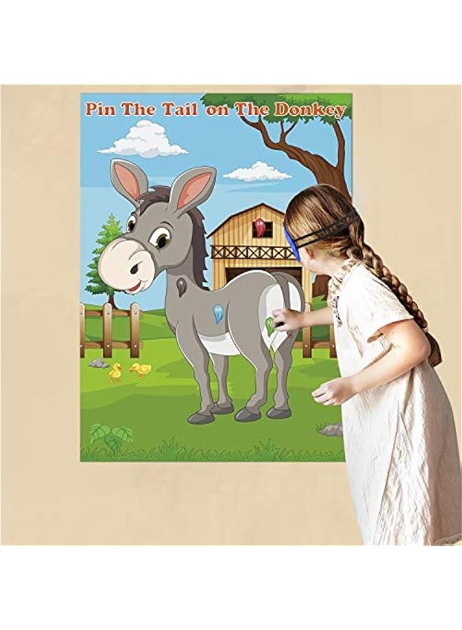 Pin The Tail on The Donkey Party Game with 24 Pcs Tails for Kids Birthday Party Decorations, Carnival Circus Party Supplies