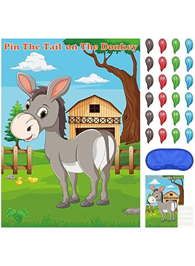 Pin The Tail on The Donkey Party Game with 24 Pcs Tails for Kids Birthday Party Decorations, Carnival Circus Party Supplies